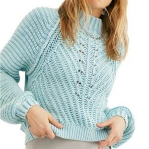 Free People Blue Chunky Knit Sweater Mock Neck Cozy Size L